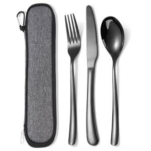 MURRI&MURRDI 여행용 스테인리스 식기 세트 1인용, 재사용 가능한 플랫웨어 세트, 작업용 캠핑용 실버웨어 나이프 포크 숟가락 3피스, 블랙