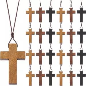 성경 구절 파티를 위한 에케이션 우드 크로스 목걸이 벌크 3색 펜던트 코드 크리스천 선물에 나무 십자가