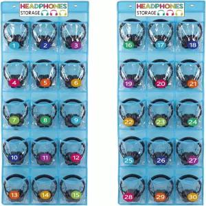 문 위에 빈크림 2개 교실 헤드폰 보관 정리함 30 PVC 클리어 포켓과 2개의 보관함 카드 디지털 스티커 블루