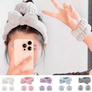 세안용 샤워용 예쁜 리본 매듭 손목 헤어밴드 세트 세수머리띠