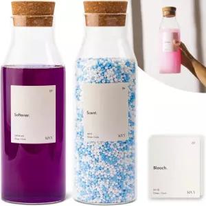 KIVY 유리 세탁 세제 디스펜서 라벨 2개 세트 세탁실 정리 장식용 병 액체 및 섬유 유연제용 향기 구슬