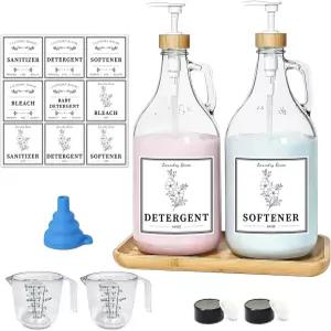 유리 세탁 세제 디스펜서 세탁실용 액체 비누 농가 장식용 64온스 표백제 유연제 대나무 펌프 및 트레이