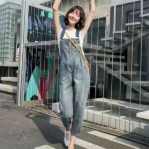 여성 캐주얼 데님 9부 롤업 팬츠 연청 멜빵 바지