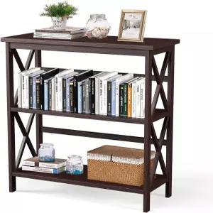 루아란 3단 책장 열린 수납 선반이 있는 독립형 이중 X자형 나무 프레임이 홈 오피스용 다기능 에타게르