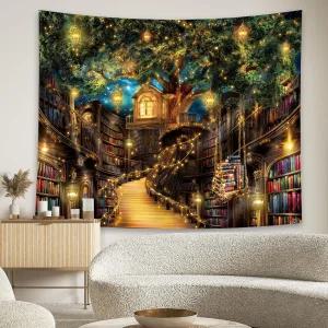 SVBright 판타지 도서관 패브릭 벽 걸이 태피스트리 59Wx51H 인치 마법 책장 신비한 나무 미학 빈티지 마녀