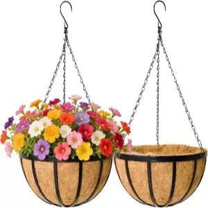 야외 식물을 위한 검은색 평평한 철 금속 걸이 화분 바구니 2팩 12인치 원형 파티오 정원 장식을 꽃바구니