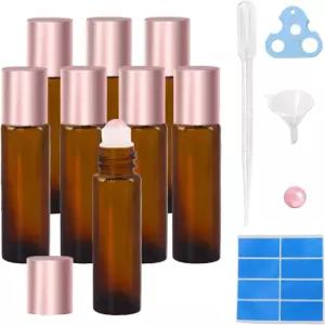 워미파이 에센셜 오일용 로즈 쿼츠 롤러 병 8팩 천연 크리스탈 볼이 있는 리필 가능한 앰버 유리 롤 10ml