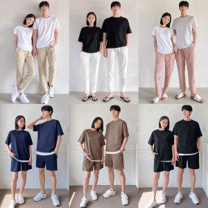 이지웨어 나들이룩 트레이닝 세트 남성 여성 커플 슬랙스 반바지 면팬츠 밴딩 5부 9부