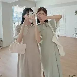 핫핑 [쾌적/카라원피스] 셀레드 카라 배색반팔 사이드슬릿 롱원피스