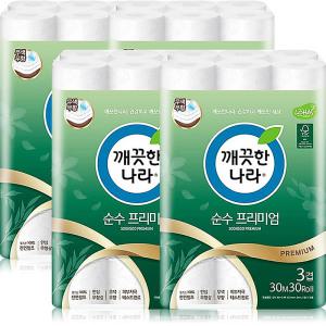 깨끗한나라 3겹 데코 순수 프리미엄(107mm) 천연펄프 30m 30롤 4팩