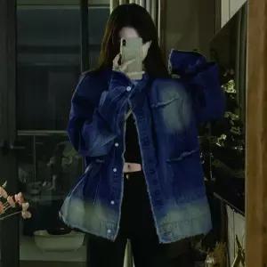 [키린] 디스트로이드 빈티지 데님 오버핏 노카라 자켓