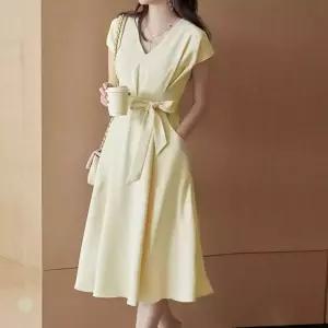 클라셰 브이넥핀턱플레어원피스+벨트SET_B5M0394