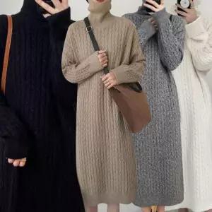 ONM 여성 꽈배기 H라인 롱원피스 루즈핏 하이넥 골지 니트