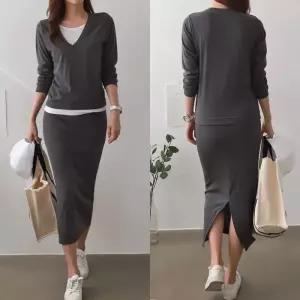 (TRS-110)브이넥 레이어드 롱스커트세트 치마투피스