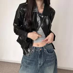 ONM 여성 유광 바이커 스타일 라이더 페이크 가죽자켓