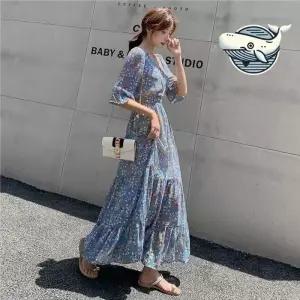 ONM 여름 꽃무늬 롱원피스 허리 조절 쉬폰 원피스