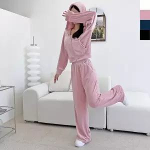 ONM 여자 벨로아 트레이닝 셋업 벨벳 후드 크롭 집업 와이