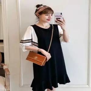 ONM 여자 소매 배색 라인 레이스 가오리핏 라운드 원피스