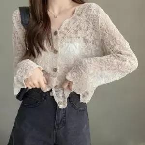 [하프클럽/]여성 에스닉 니트 브이넥 레이스 가디건 트임 디자인