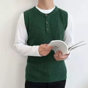 [하프클럽/]남성 와플 니트조끼 헨리넥 겨울 캠핑조끼