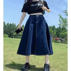 J2K 여자 데님 롱 스커트 A라인 청치마 뒷밴딩 빅사이즈
