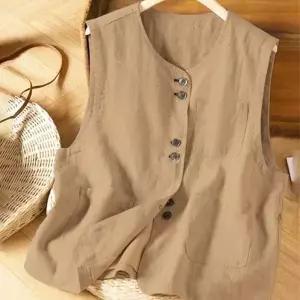 은창]라운드 넛 버튼 린넨 혼방 조끼 여름 베스트 봄 여름 아우터 잠바 점퍼 여성 외투 루즈핏 썸머 캐쥬얼