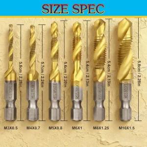 6개 드릴 탭 세트 티타늄 도금 조합 비트 M3 M4 M5 M6 M8 M10 육각 생크 HSS 나사산 메트릭 컴파운드