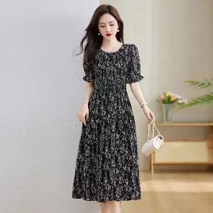 피콜로 여자 데일리룩 원피스 플라워 프렌치 여름 빈티지 슬림핏 퍼프 롱 스커트 KUK1