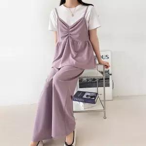 여자 투피스 셔링 뷔스티에 밴딩 통팬츠 박시핏 세트