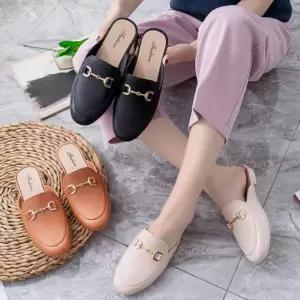 여성 고급 구두 골드 스트랩 레더 플랫 뮬 블로퍼 여성단화 로퍼