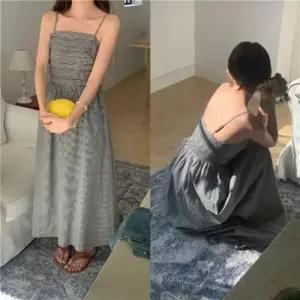 체크 미니원피스 여름원피스 스퀘어넥 롱원피스 끈나시 LL 하객룩원피스