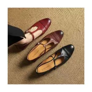 여성용 플랫 신발 빈티지 소프트 소가죽 통굽 메리제인 스틸레토 미들굽 스트랩 펌프스 KS5