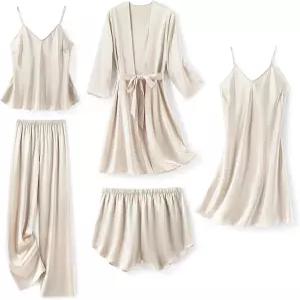 SAPJON 실크 파자마 여성용 5Pcs 슬립웨어 라운지웨어 새틴 로브 카미 반바지 PJ 세트