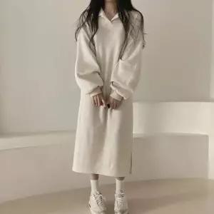 여성 반오픈 발목기장 오픈 카라 루즈핏 롱 옆트임 데일리 무지 기모 원피스