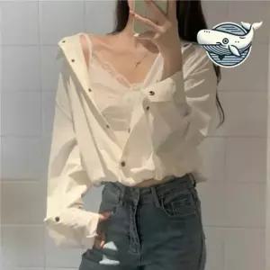 여자청남방 달콤한 레이스 크롭 셔츠 여리한 편안한 코디