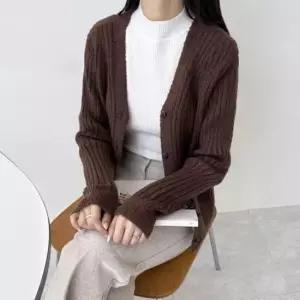 [옷은날개] 2LUND 5050 여자브라운 골지니트 가디건 오버핏 V넥