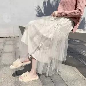 봄치마 롱스커트 쉬폰 러블리 리본 여성 캉캉 여자 여성 청 하의 롱스커트