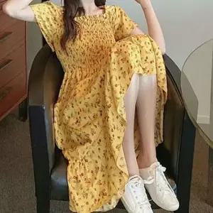 휴양지원피스 여성 반팔 스모크 밴딩 체형커버 플라워 롱원피스