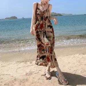 해변원피스 여자 화려한 패턴 휴양지 끈나시 롱원피스 드레스