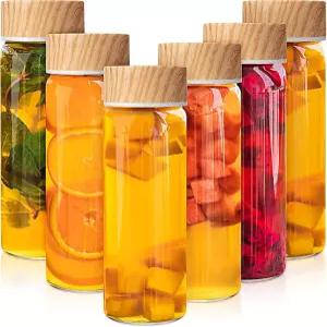 Zubebe 6팩 16온스 유리 주스 병 뚜껑 넓은 입 물병 재사용 가능한 용기 대나무 밀폐 우유 착즙 음료
