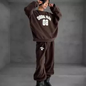 [옷자락]여성 겨울 트레이닝 레터링 플리스 맨투맨 조거 바지 세트