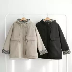 [옷자락]여성 빅사이즈 체크 배색 후드 집업 사파리 점퍼