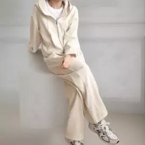 [옷자락]여성 투웨이 포근 기모 후드집업 스트라이프 와이드 트레이닝 세트