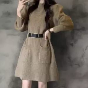 [옷자락]여성 일상용 벨트 퍼프소매 니트 미니 드레스