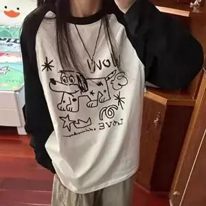 캐릭터티 여성 오버핏 강아지캐릭터 배색 포인트 긴팔티셔츠