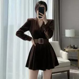 [옷자락]여자 벨벳 브이넥 벨트세트 롱슬리브 원피스