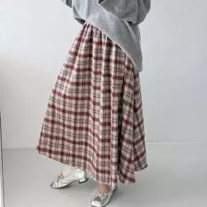 [옷자락]여자 겨울 체크치마 플레어 빅사이즈 퍼 롱스커트