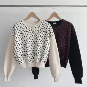 [옷자락]여성 꽃무늬 잔골지 크롭 오버핏 퍼프 맨투맨 겨울