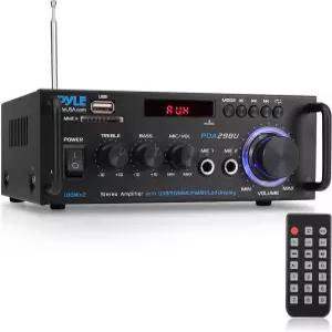 Pyle 200W 무선 블루투스 스테레오 전력 증폭기 - 2채널 오디오 수신기(RCA 포함) USB SD MIC IN FM 라디오