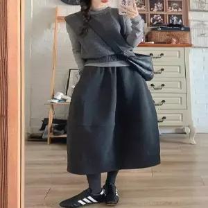 스파이더맨 여친 치마 회색 모직 포플린 슬림핏 중기장 배핏 A라인 빅사이즈 OPH1